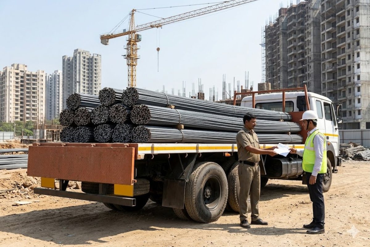 TMT bar delivery truck at construction site
